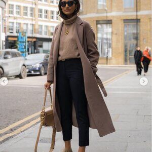 Zara S Long belted chic neutral wool blend coat jacket coco brown